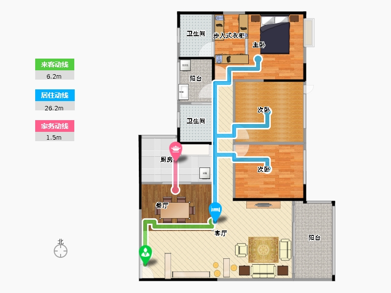 锦都华庭3室1厅2卫1厨142.00㎡户型图